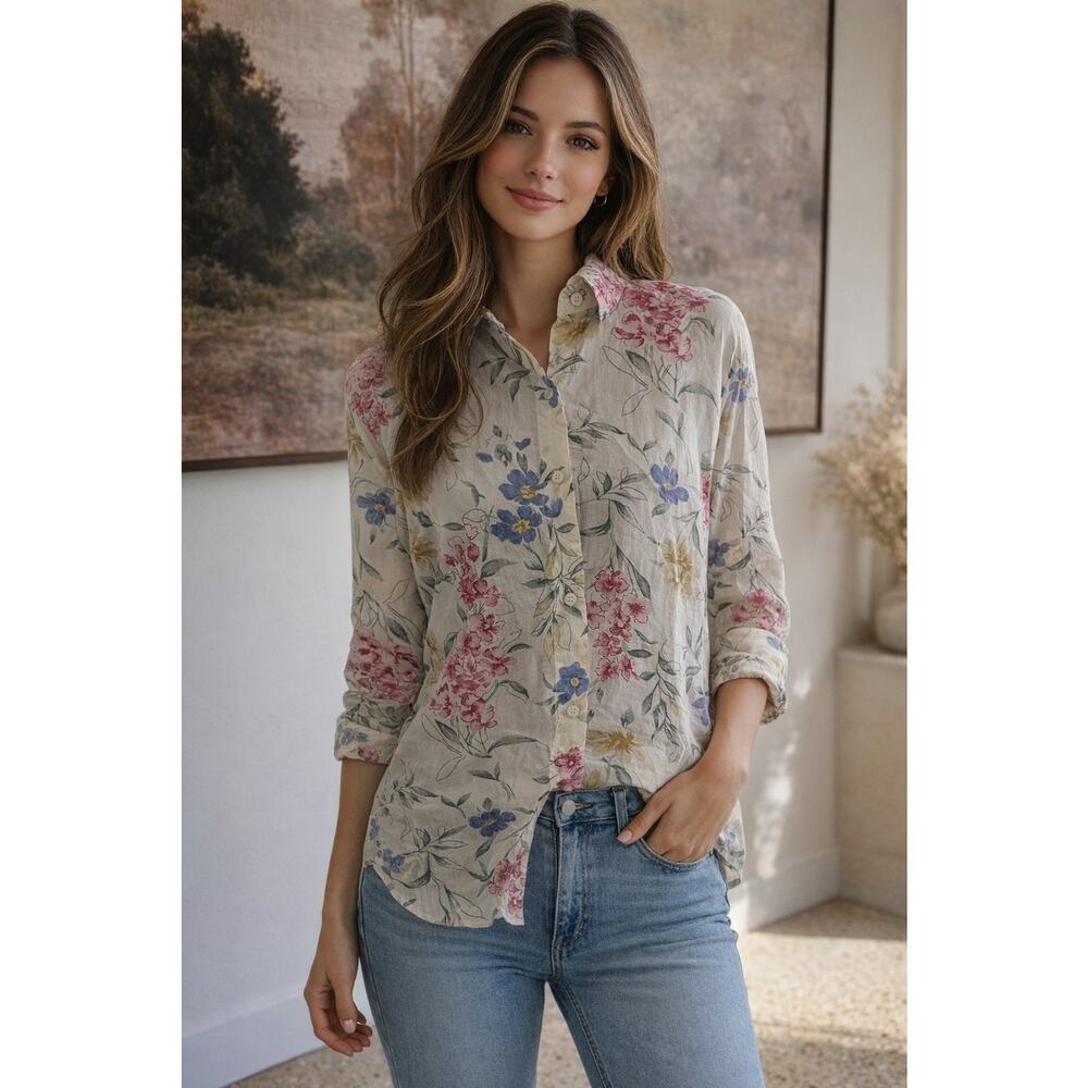 Lemon Grass Studio Women's M Floral Button Up Shirt 100% Cotton